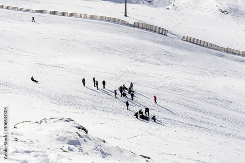 People preparing to ski in the Sierra Nevada ski resort