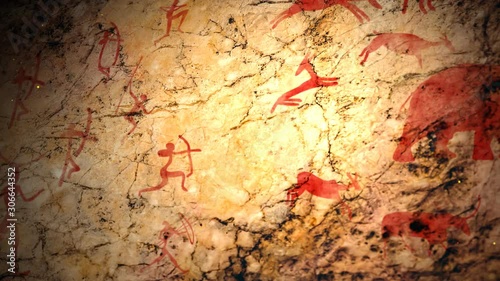 A Red ocher Drawing in a cave painted by an ancient man on a wall, a rock. Hunting for an animal. Aboriginal, Neanderthal, cave man. The Stone Age, the Ice Age. Science, anthropology.
