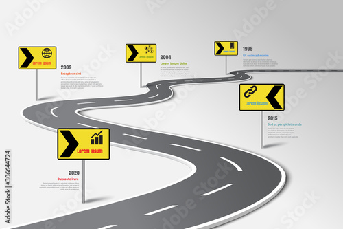 Photo Business road map timeline infographic template with pointers designed for abstr