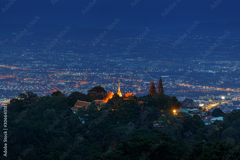 Aerial view  , Night landscape of Wat Doi Suthep temple at Chiang Mai, Thailand
