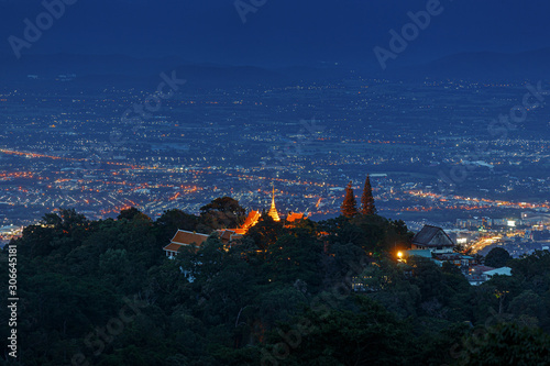 Aerial view , Night landscape of Wat Doi Suthep temple at Chiang Mai, Thailand