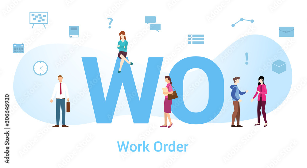 wo work order concept with big word or text and team people with modern flat style - vector wo work order concept with big word or text and team people with modern flat style - vector