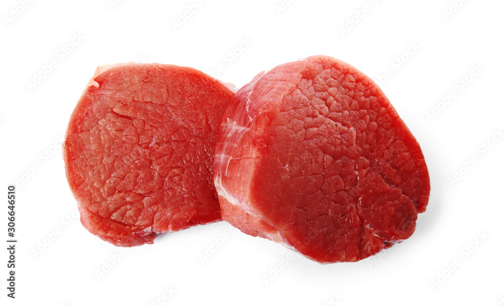 Fresh raw beef cut isolated on white, top view Fresh raw beef cut isolated on white, top view