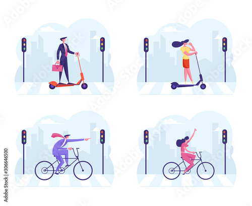 Set Businesspeople Characters in Formal Wear Riding Bicycle and Electric Scooter Crossing Road by Crosswalk with Traffic Lights on Cityscape Background with Buildings. Cartoon Flat Vector Illustration