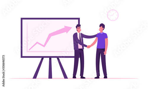 Confident Businessman Company Boss Shaking Hand to Office Employee Standing at Chartboard with Growing Arrow Graph. Director Congratulate Worker for Successful Work. Cartoon Flat Vector Illustration