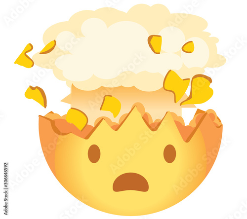 Shocked emoji. Exploding head emoticon. A yellow face with an open mouth and the top of its head exploding in the shape of a brain-like mushroom cloud..