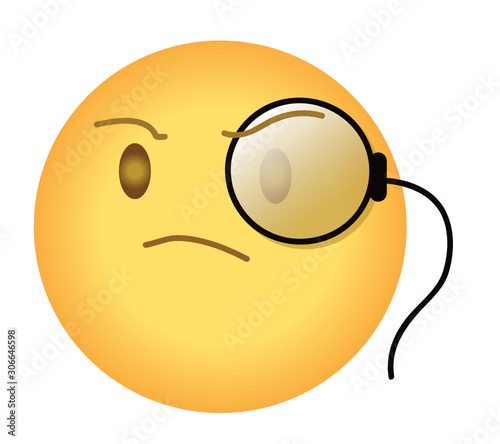 Snobbish arrogant emoji with monocle. Yellow face with furrowed eyebrows wearing a monocle, having small, intent frown and head slightly upturned as sign of arrogance.