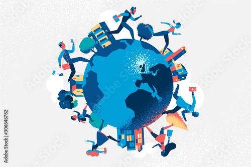Cities and running people on the globe - Vector