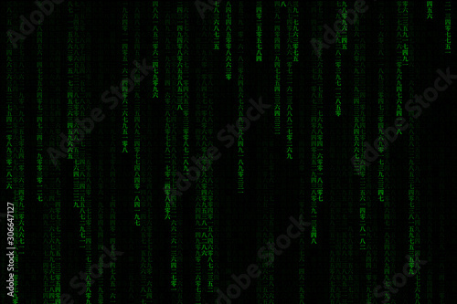 Technology digital china or chinese text number of one, two, three, four, five, six, seven, eight, nine and zero or binary code in color green with matrix dark or black background.