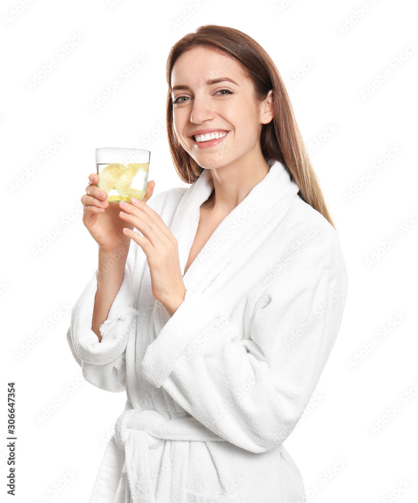 Young woman with glass of lemon water on white background Young woman with glass of lemon water on white background