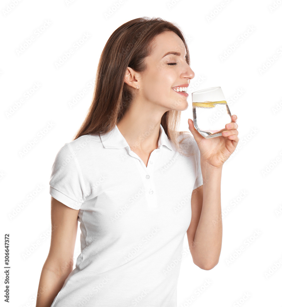 Young woman drinking lemon water on white background Young woman drinking lemon water on white background