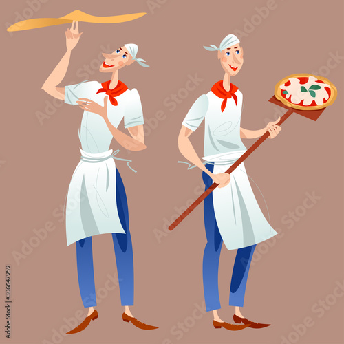 Pizzaiolo (pizza maker). Two men prepare pizza. Pizzaiolo prepares a pizza dough. Baker holds pizza on long shovel. Vector illustration