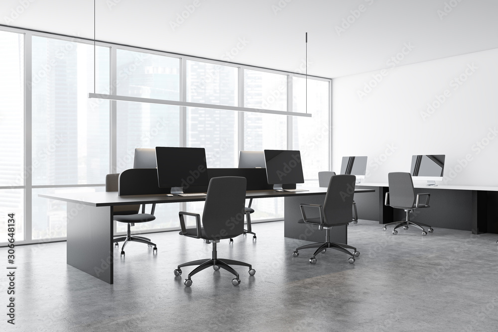 Computer desks in panoramic open space office Computer desks in panoramic open space office