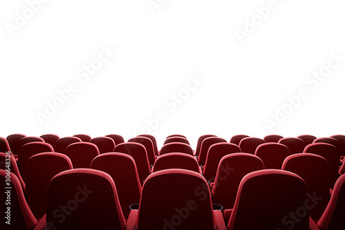 Movie theater with red seats and mock up screen