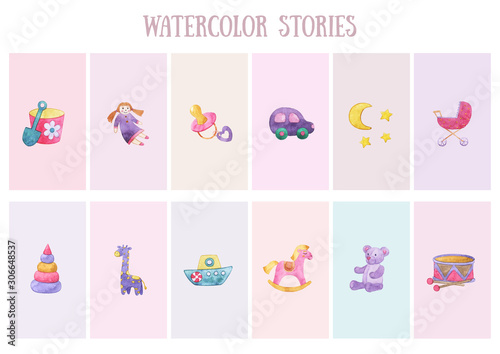 Original watercolor stories. Picture with cartoon illustration. Good illustration for instagram, book, sticker, logo, business card or postcard. Template, instagram, card, history, handmade.