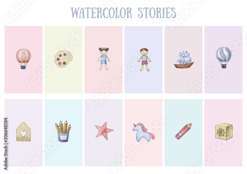 Original watercolor stories. Picture with cartoon illustration. Good illustration for instagram, book, sticker, logo, business card or postcard. Template, instagram, card, history, handmade.