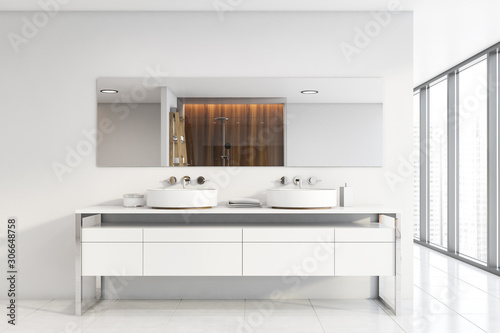 Panoramic white bathroom with double sink