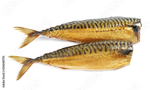 Tasty smoked fish isolated on white. Delicious seafood