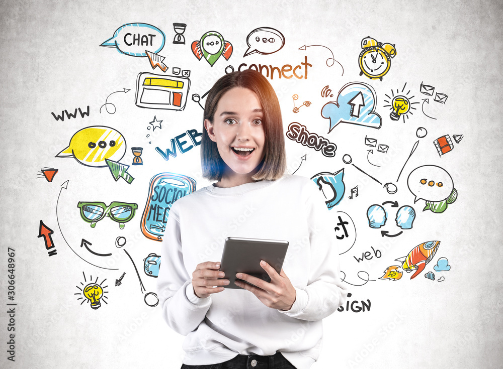 Happy woman with tablet, social media sketch Happy woman with tablet, social media sketch