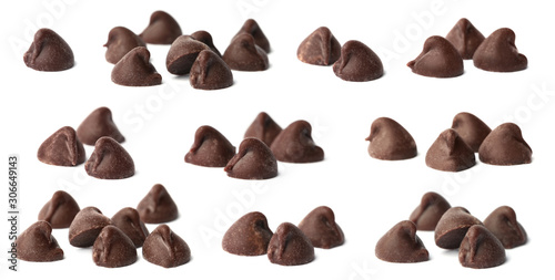 Set of tasty chocolate chips isolated on white