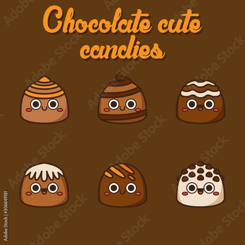 Chocolate cute candies, cute Character, Vector illustration of different shapes and kinds of chocolate candies. 
