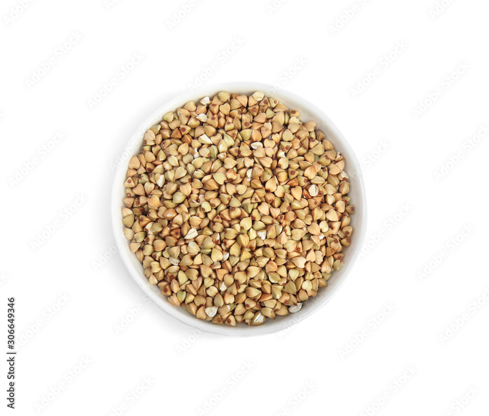 Green buckwheat in bowl isolated on white, top view