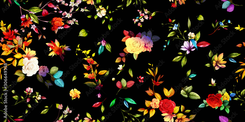 Wide vintage seamless background pattern. Rose, magnolia, wild flowers with leaf on black. Abstract, hand drawn, vector - stock.