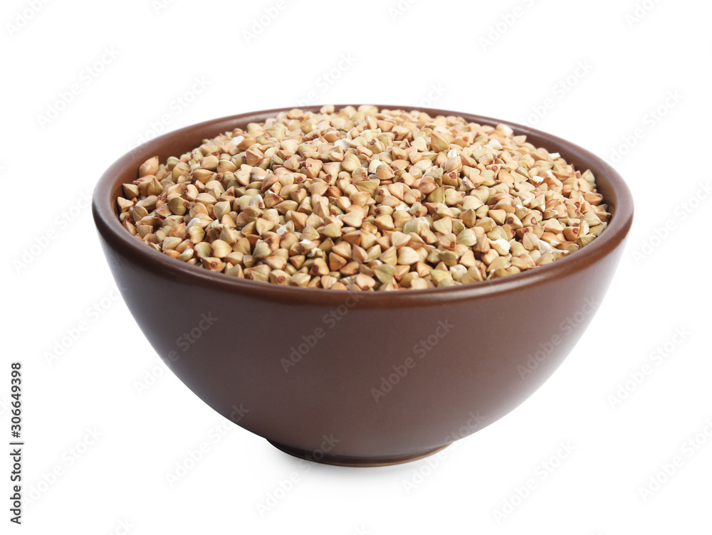 Green buckwheat in bowl isolated on white Green buckwheat in bowl isolated on white