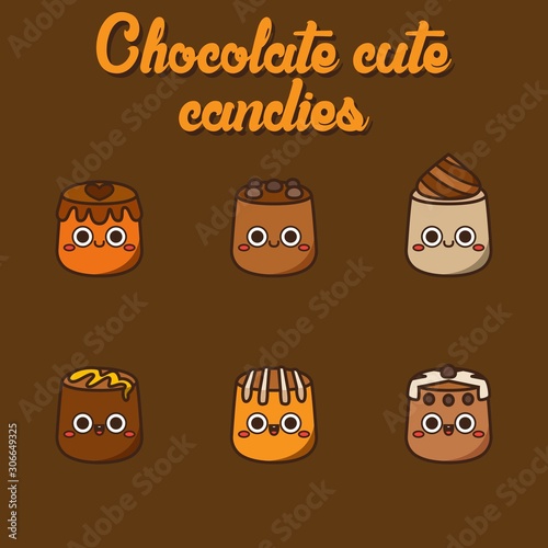 Chocolate cute candies, cute Character, Vector illustration of different shapes and kinds of chocolate candies. 