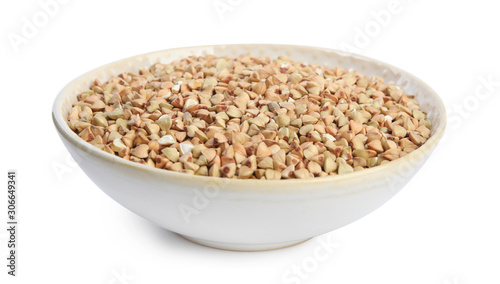 Green buckwheat in bowl isolated on white