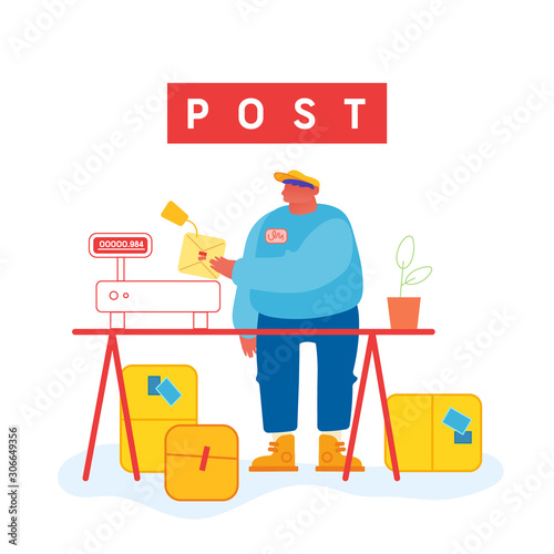 Worker in Warehouse Put Carton Parcel Box on Scales for Weigh. Storehouse and Storage Logistics, Delivery Transportation Service. Freight and Goods Distribution. Cartoon Flat Vector Illustration