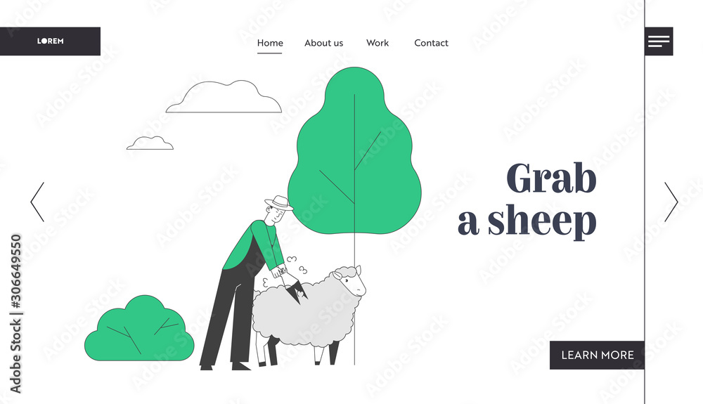 Farmer Shearing Sheep site Landing Page. Sheepshearer Working on
