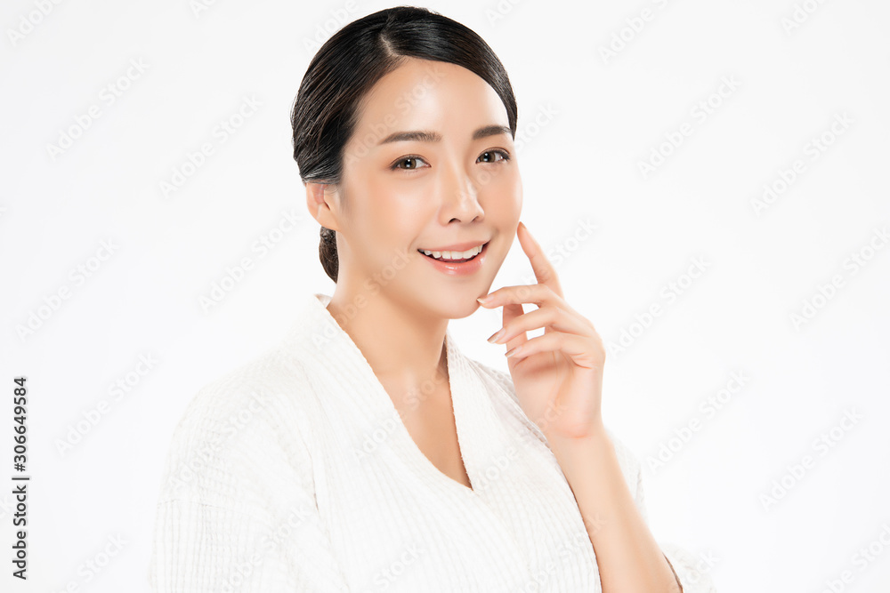 Beautiful young Asian woman touching soft cheek and smile with clean and fresh skin. Happiness and cheerful with, on white background, Beauty and Cosmetics Concept, Beautiful young Asian woman touching soft cheek and smile with clean and fresh skin. Happiness and cheerful with, on white background, Beauty and Cosmetics Concept,