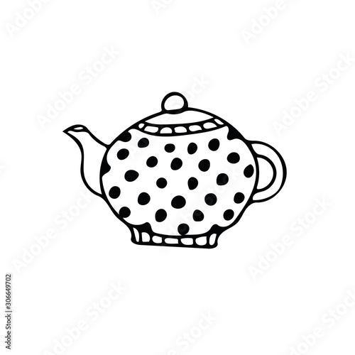 teapot with polka dot pattern. Element in hand drawn Scandinavian style. icon in simple liner. card, poster, menu. tea ceremony.