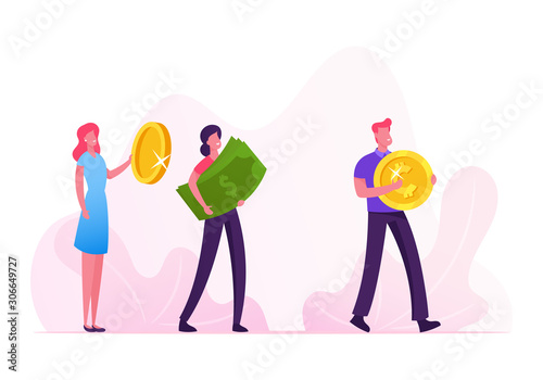 Group of People Stand in Queue Holding Huge Golden Coins and Dollar Banknotes Going to Buy Something. Characters with Money Cash Financial Profit Salary Wealth Concept Cartoon Flat Vector Illustration
