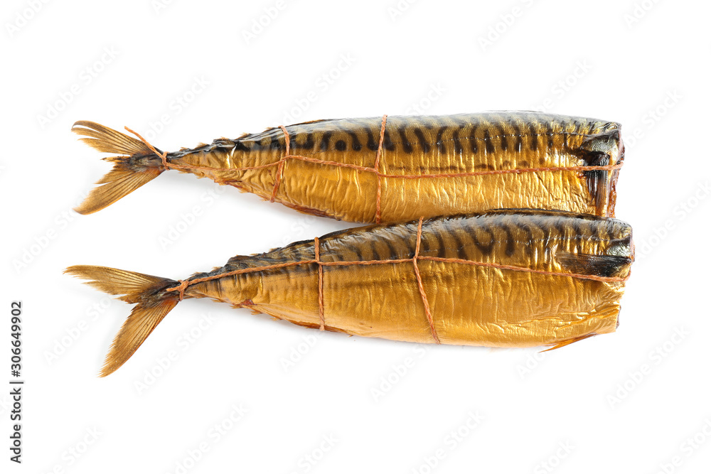 Tasty smoked mackerel fish isolated on white, top view