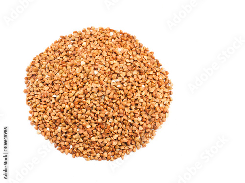 Buckwheat groats on white background. Slimming concept