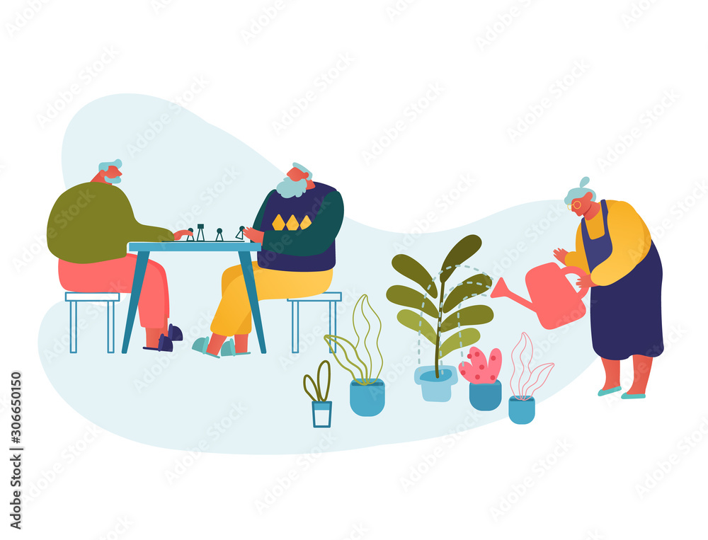 Obraz premium Senior People Spend Time in Nursing Home Engaging Playing Chess and Gardening Hobby. Elderly Male and Female Characters Having Leisure Fun and Relaxing Sparetime. Cartoon Flat Vector Illustration