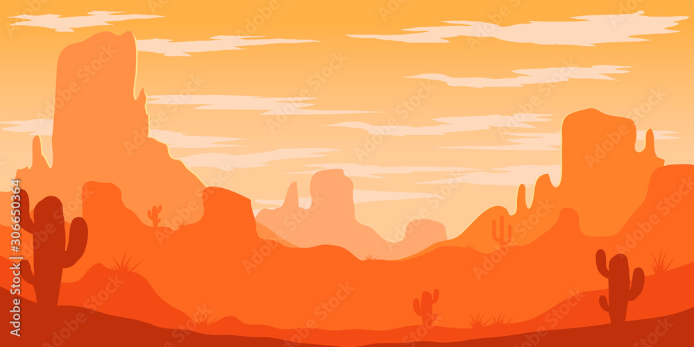Fototapeta Desert landscape with cactuses and mountains in cartoon style. Design element for poster, card, banner, flyer. Vector illustration