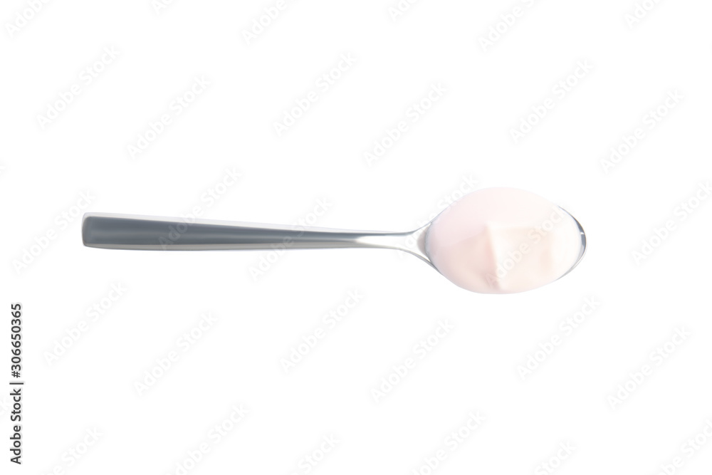 Spoon with tasty organic yogurt isolated on white, top view