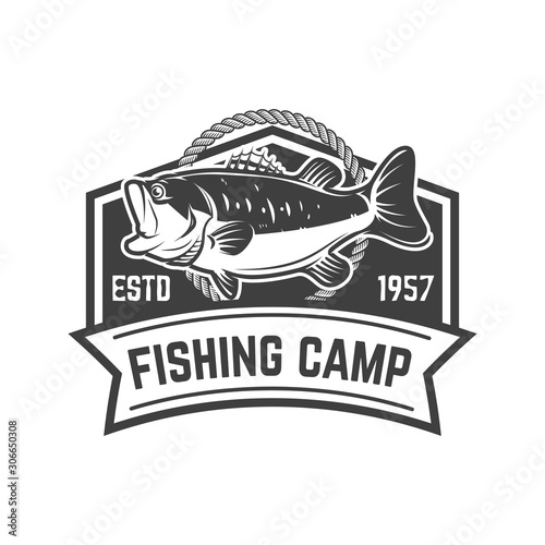 fishing camp. Emblem template with perch. Design element for logo, label, sign, poster. Vector illustration