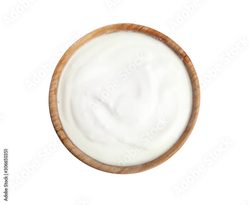 Tasty organic yogurt in wooden bowl isolated on white, top view