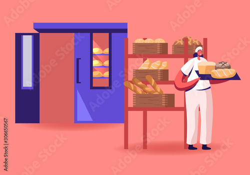 Woman Baker in Sterile Uniform and Hat Holding Tray with Various Fresh Hot Baked Bread Loafs Just Taken from Oven