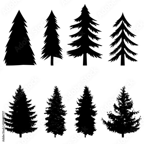 Set of silhouettes of pine tree isolated on white background. Design element for poster, banner, card, emblem. Vector illustration