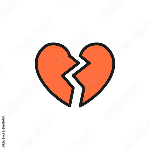 Broken heart, valentine day flat color icon.