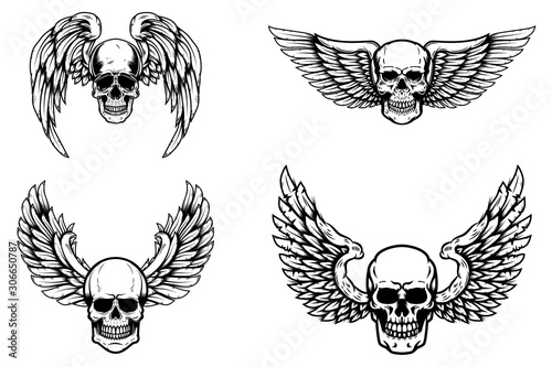 Set of winged human skull isolated on white. Design element for logo, label, emblem, sign. Vector illustration
