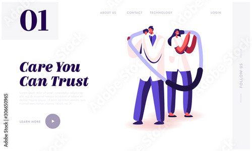 Health Care and Medicine Website Landing Page. Male and Female Doctors Characters Listening Patient Heart Beating at Huge Stethoscope, Blood Pressure Web Page Banner. Cartoon Flat Vector Illustration