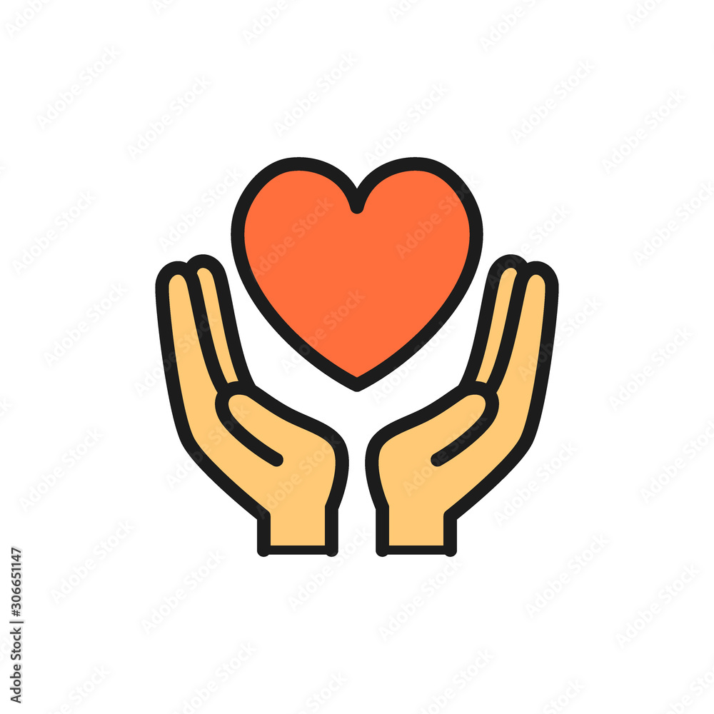 Hands hold heart, charity, donation, valentine day flat color icon. Hands hold heart, charity, donation, valentine day flat color icon.
