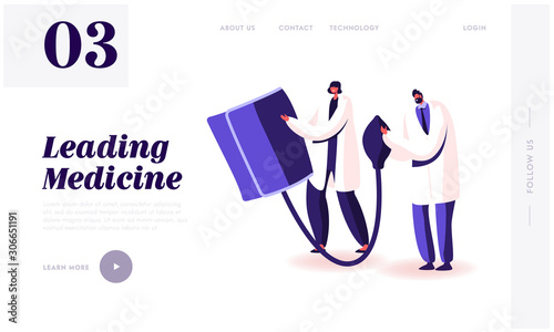 Checking Arterial Pressure Healthcare Website Landing Page. Doctors Hold Huge Digital Device Tonometer Cuff for Measuring Patient Blood Pressure Web Page Banner. Cartoon Flat Vector Illustration