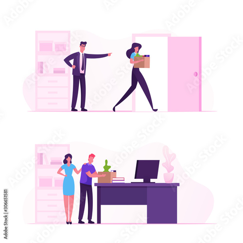Angry Boss Shouting and Pointing on Door to Sad Worker Carry Belongings in Box. Fired Employee Leaving Office with Things in Cardboard Package. Career Failure Dismiss Cartoon Flat Vector Illustration
